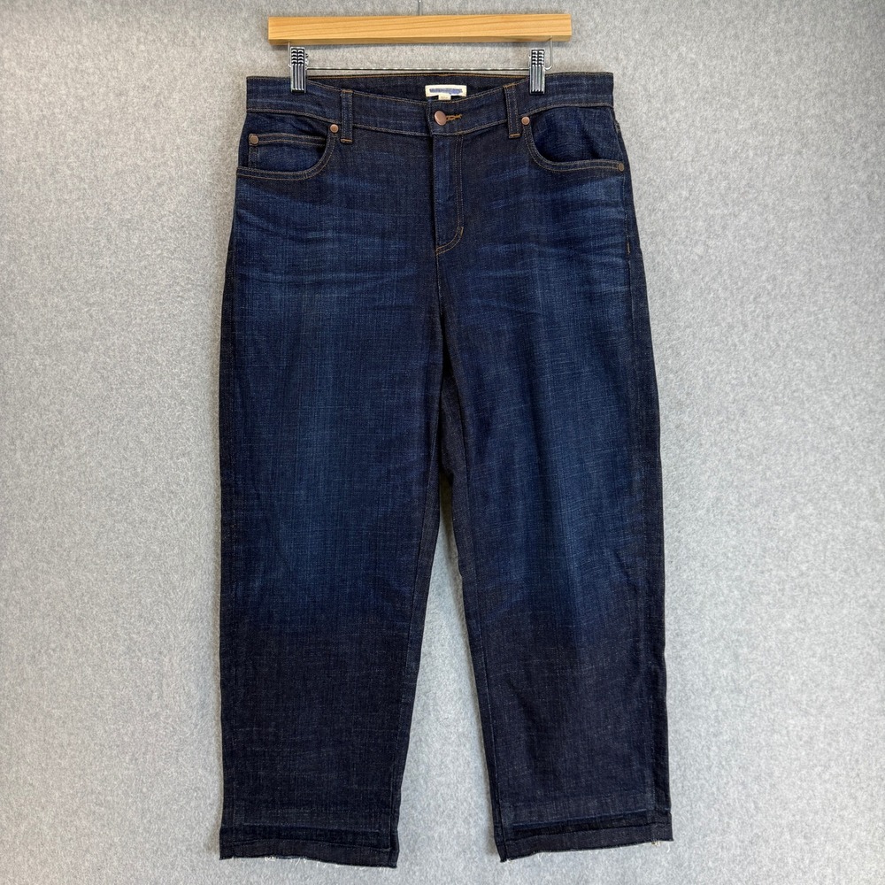 Eileen Fisher Size 8‎ Dark Wash Crop Jeans Denim Rolled Hem Straight High Rise